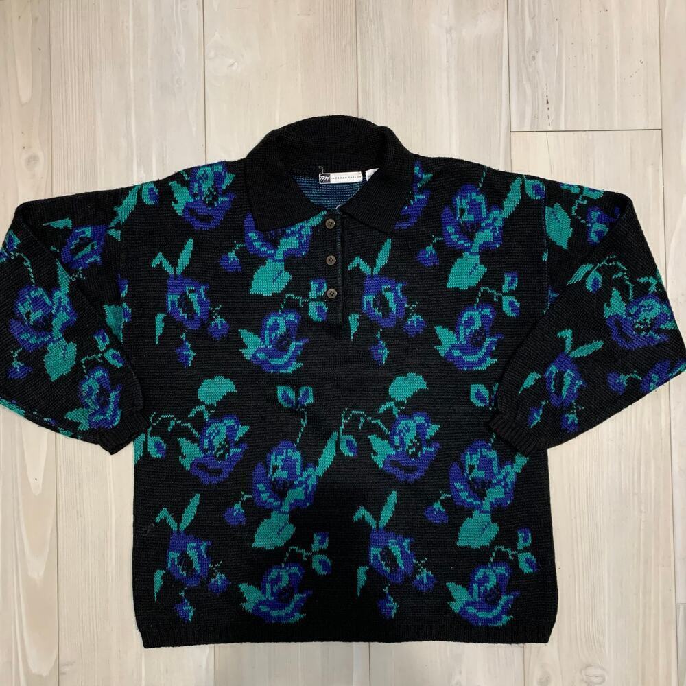 Morgan Taylor Black Polo Sweater with Teal and Royal Blue Floral Pattern